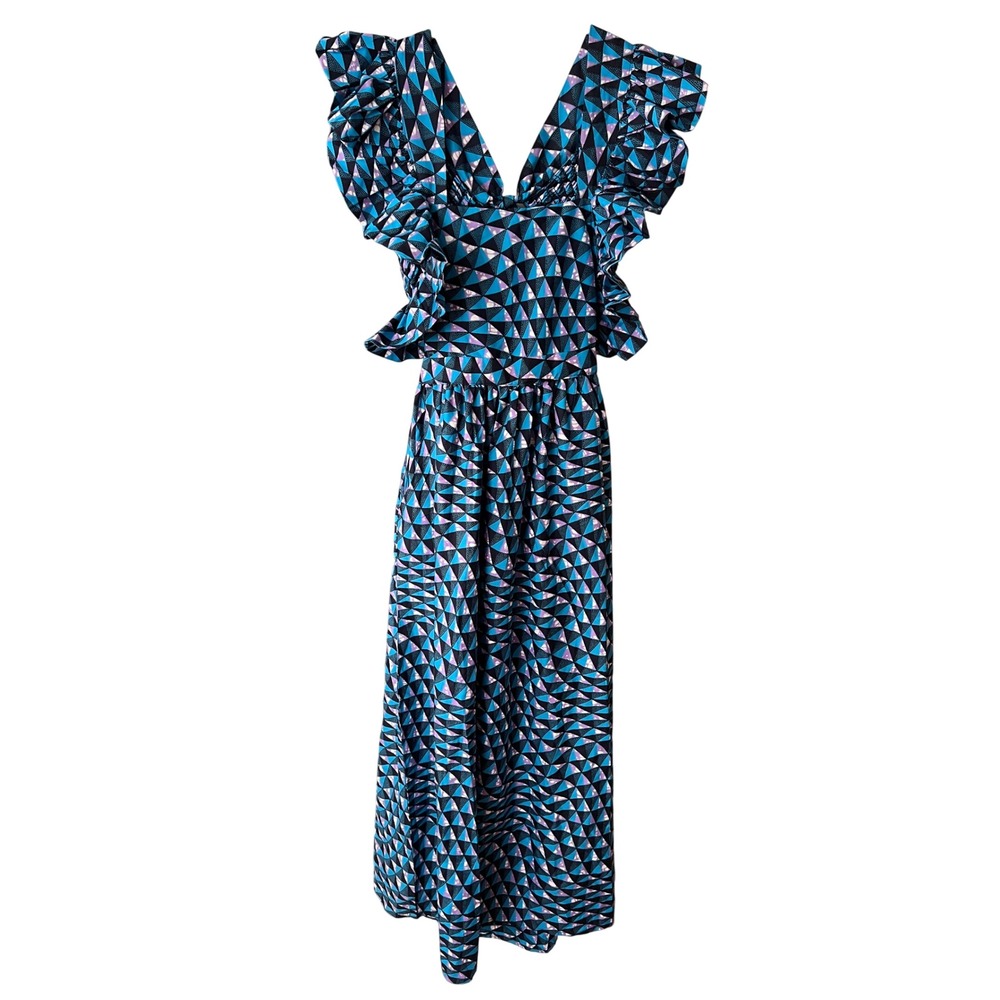 Tuckernuck Elisamama Blue Geometric Ankara Print Ruffle Sleeve Maxi Dress Large - Picture 3 of 9